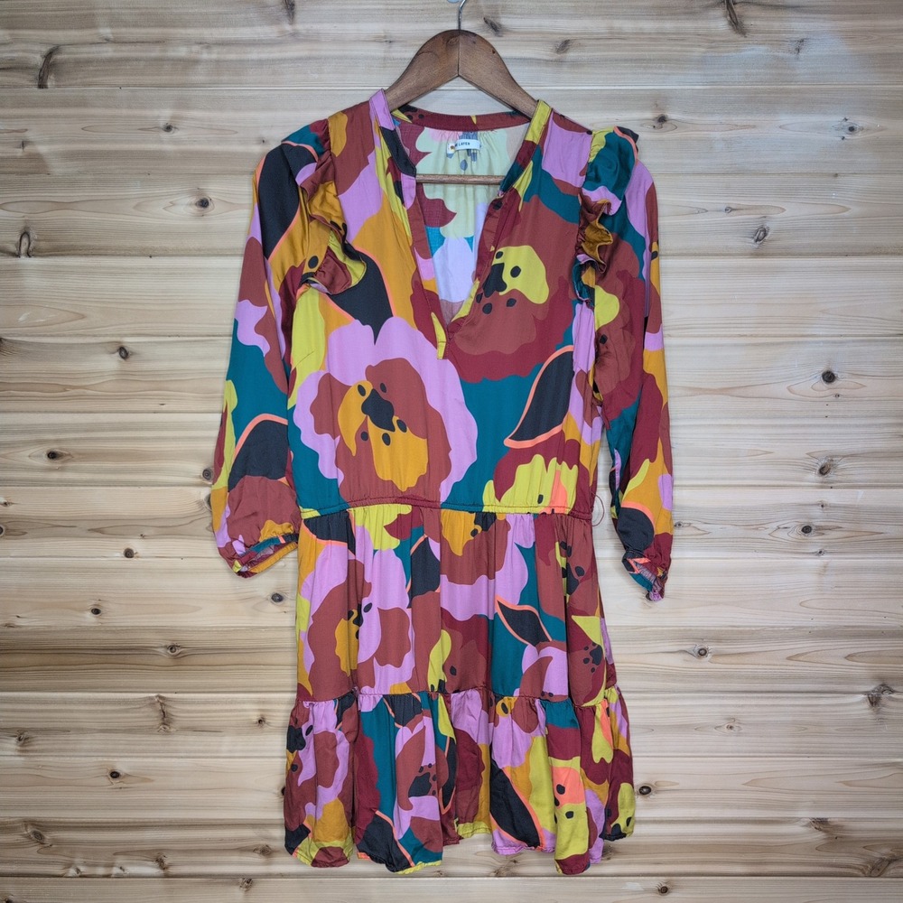 Marine Layer Floral Ruffle Tiered Mini Dress Tencel Burgundy Medium